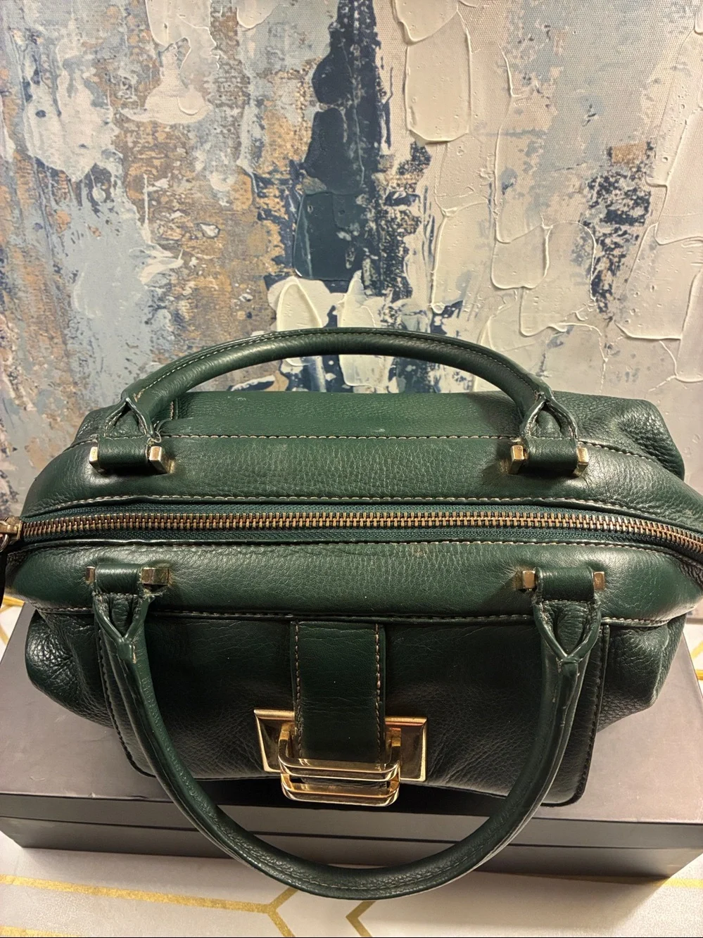 Vintage Liz Claiborne Dark Green Leather Top-Handle Satchel with Gold Hardware
